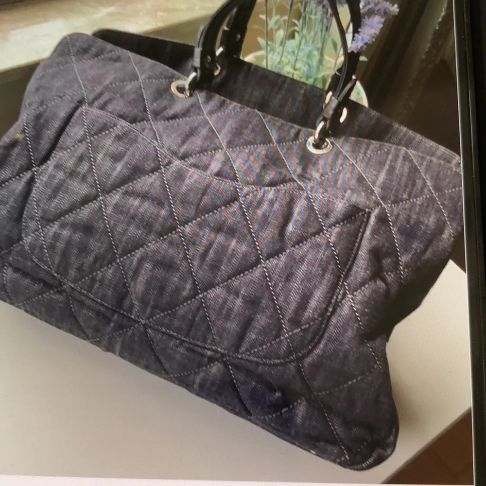 - Chanel black quilted denim timeless cc tote bag
